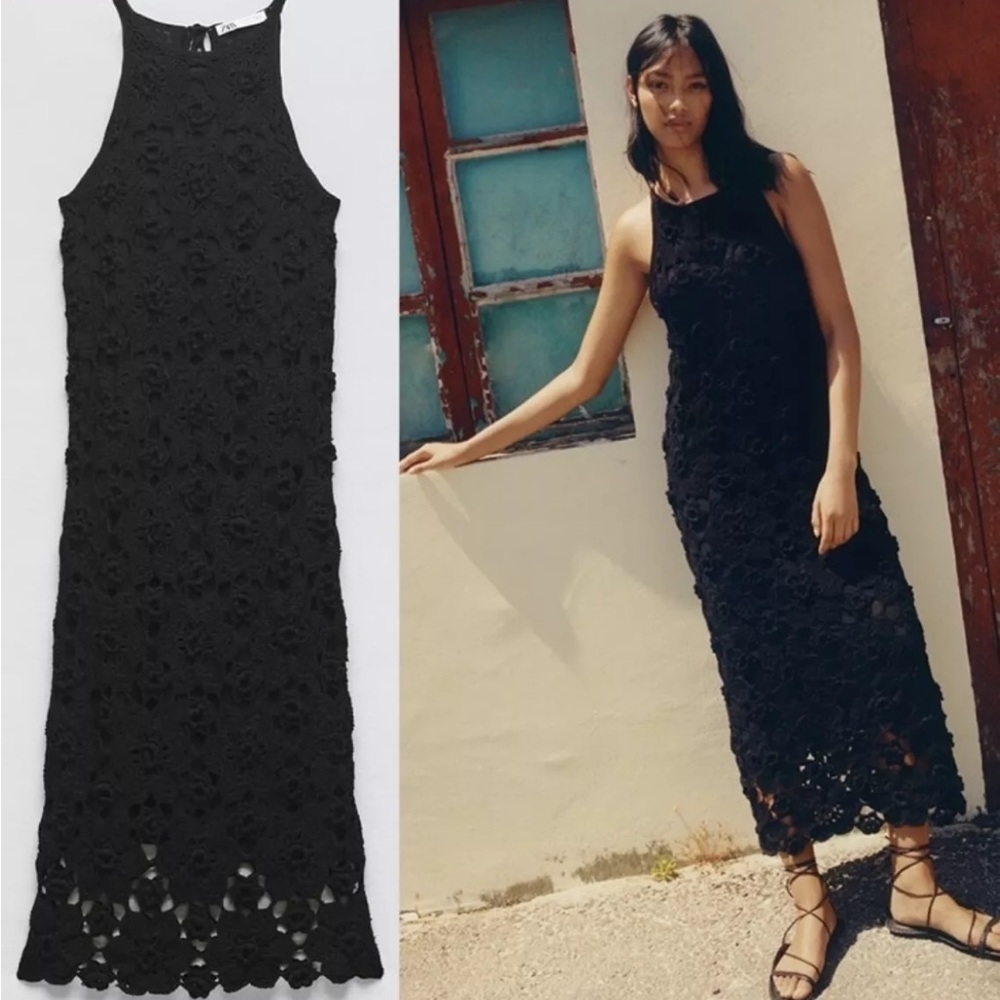 Zara Black Floral Crochet Midi Dress